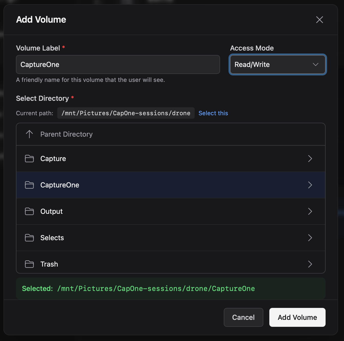 Add volume dialog